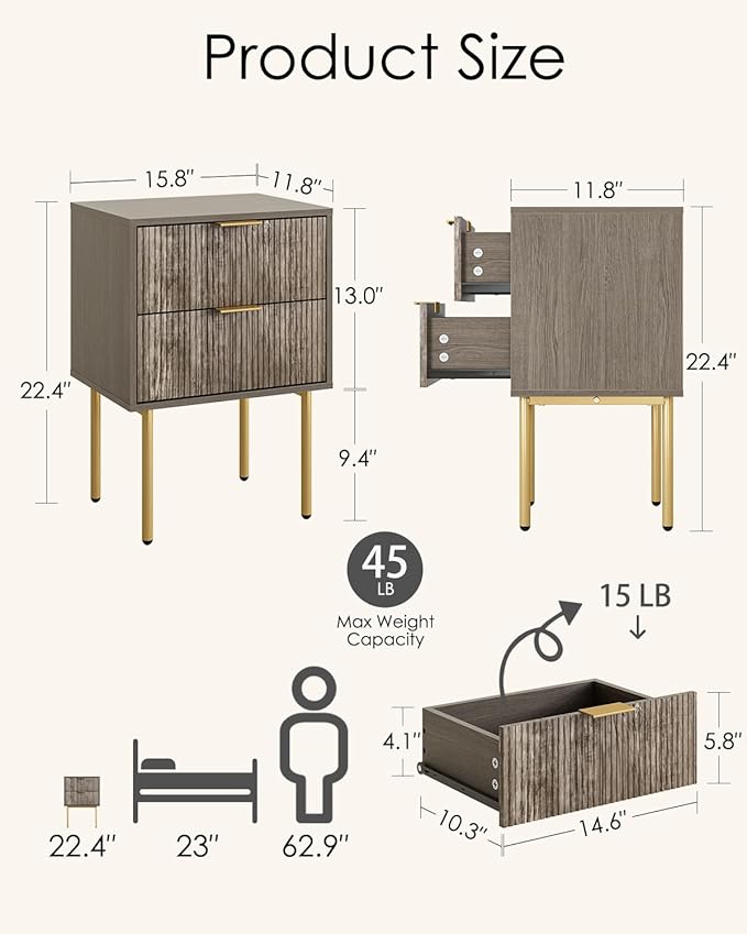 Aienvey Night Stand, Modern Nightstand with Drawers, Bedside Table, Gold Small Side Table for Bedroom, Living Room End Table (Grey Stripe, 2 Drawers)
