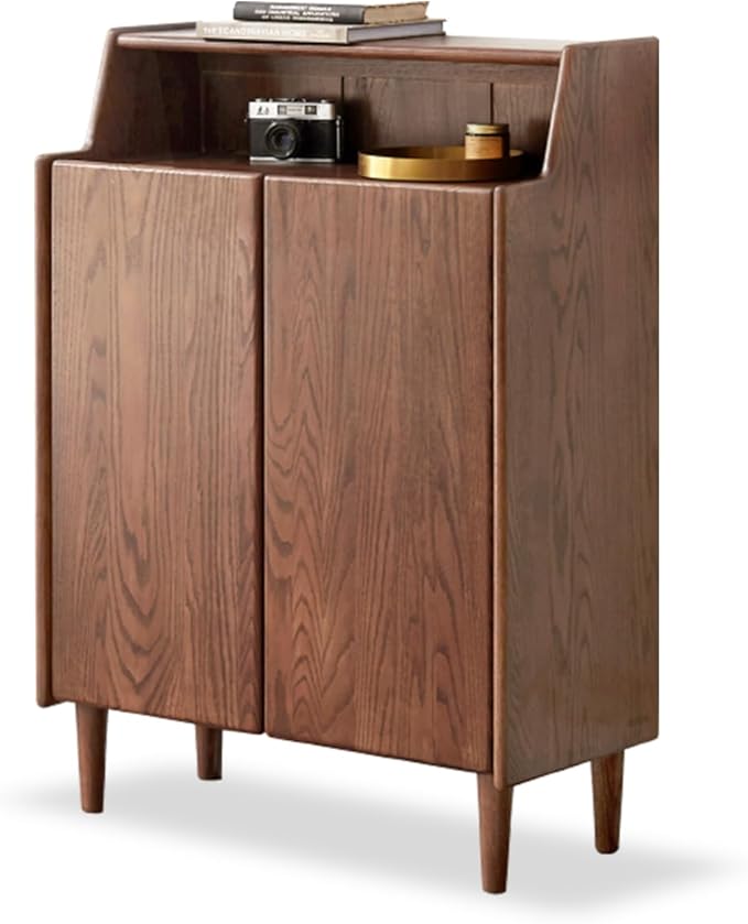 Solid Wood Shoe Cabinet with Doors, Shoe Storage Cabinet with 4-Tier Adjustable Shelves, Mid Century Modern Shoe Rack Cabinet for Entryway, Hallway, Oak Wood, 13.8" x 31.5" x 43.3", Walnut