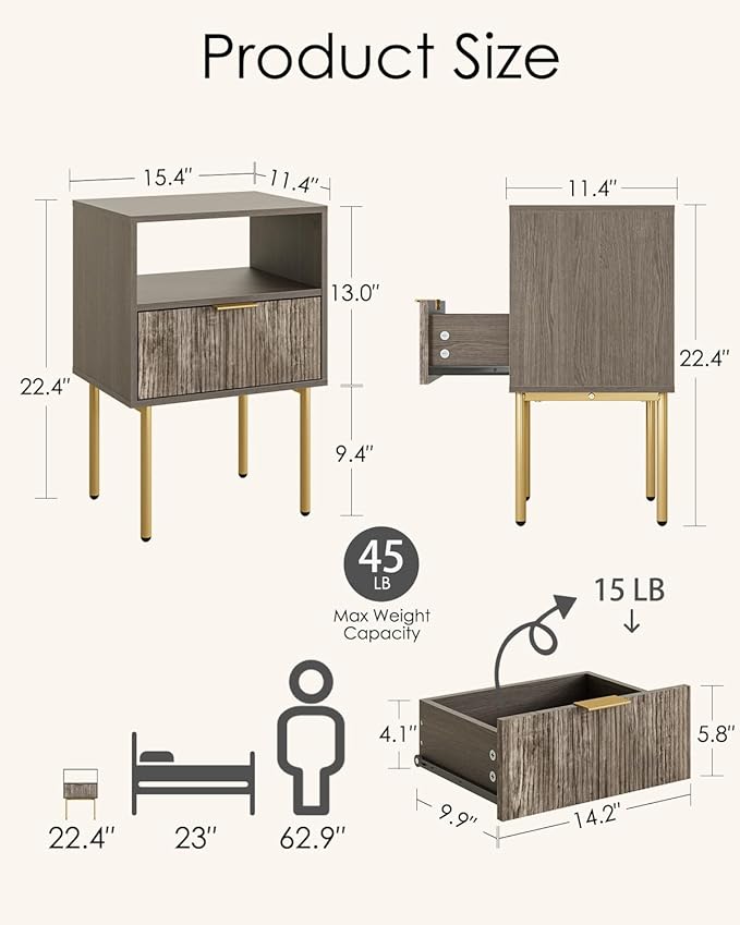 Aienvey Night Stand, Modern Nightstand with Drawers, Bedside Table, Gold Small Side Table for Bedroom, Living Room End Table (Grey Stripe, 1 Drawer)
