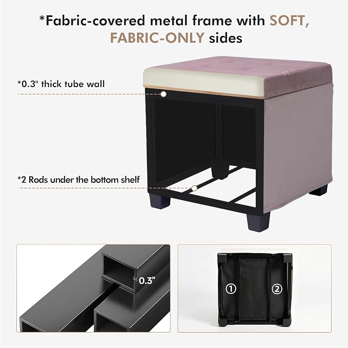 ABHENG 17.7 inches Velvet turfed Ottomans Cube with Legs, Metal-Framed Square Storage Ottoman Foot Rest Stool Holds 770 LB for Dorm Living Room Bedroom Pink UASND64P