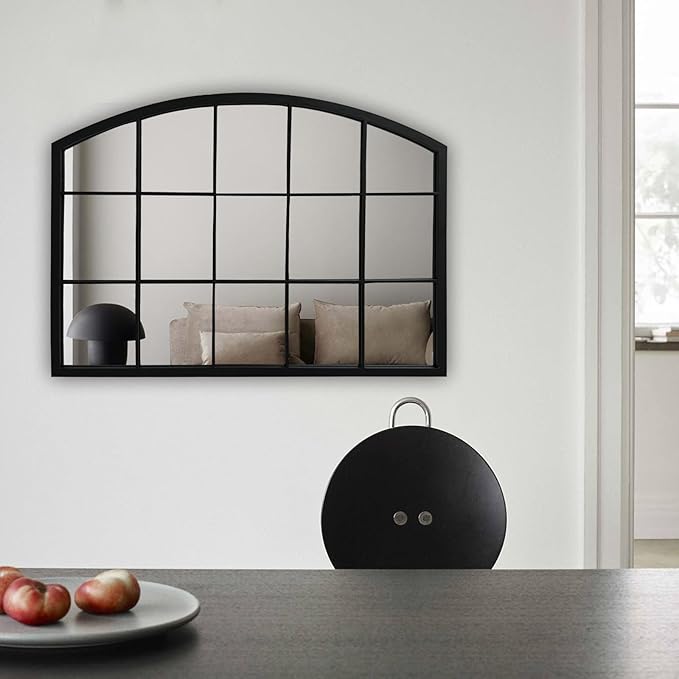 WAMIRRO Wide Window Pane Black Mirror,Farmhouse Arched Wall Mirror,Mantel Mirror for Fireplace/Entryway/Hallway/Living Room,33“X24”