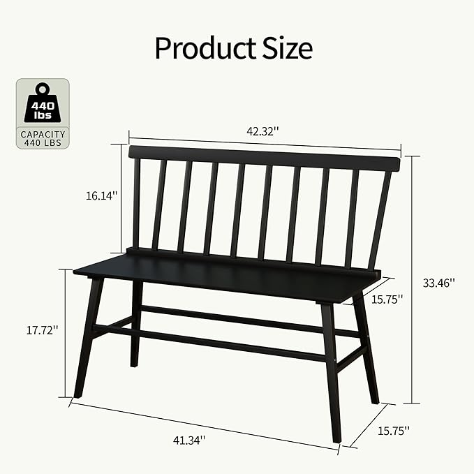 APRTAT Bamboo Entryway Bench, Farmhouse Dining Bench with Spindle Back 3 Person Indoor Bench Chair Wood Windsor Bench Durable Easy Assembly for Foyer Balcony Hallway Living Room (Black)