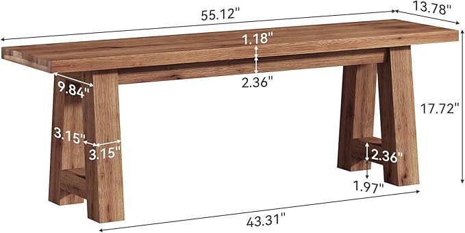 Solid Wood Dining Bench with A-Shaped Legs, 55.12-Inch Farmhouse Entryway Bench Indoor for Hallway, Kitchen, Dining Room, Living Room (Brown)