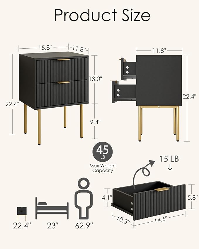 Aienvey Night Stand, Modern Nightstand with Drawers, Bedside Table, Gold Small Side Table for Bedroom, Living Room End Table (Black Stripe, 2 Drawers)