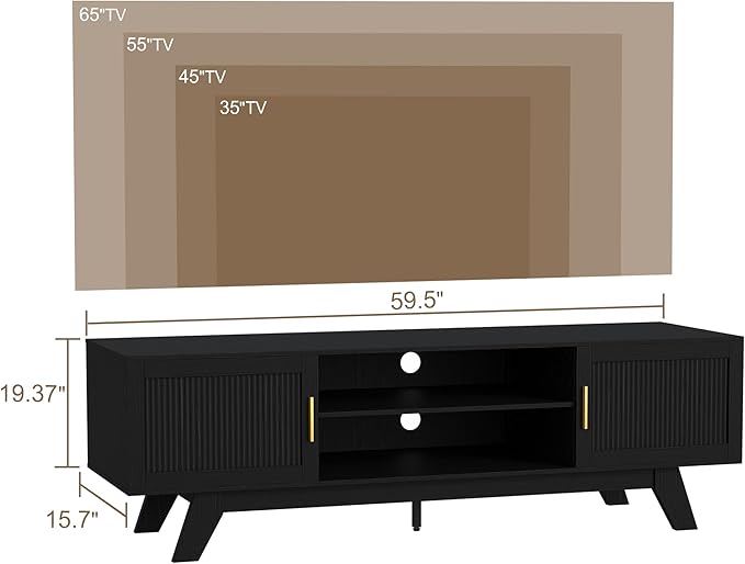 ChooChoo 59.5" Fluted TV Stands for 65 Inch TV, Mid Century Modern Entertainment Center with Storage and Adjustable Shelf, Long TV Console Media Table for Living Room, Bedroom, Black