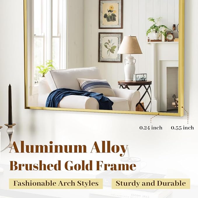 VooBang Arched Wall Mirror, 26 x 28 inch Arch Bathroom Mirror, Wall Mounted Vanity Mirror with Arch Metal Frame, Modern Bathroom Vanity Mirror for Bedroom, Living Room, Hanging or Leaning, Gold