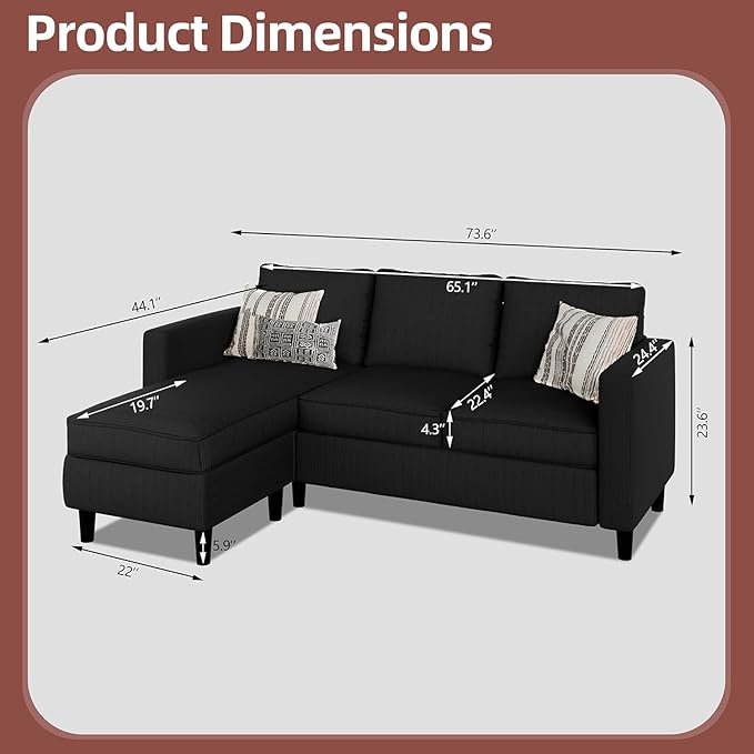 Nuturelly Modern Convertible Sectional Sofa Couch with Reversible Chaise, 3-Seater L-Shaped Small Space Couch for Living Room, Apartment & Office, Compact Fabric Sofa with Movable Ottoman, Black