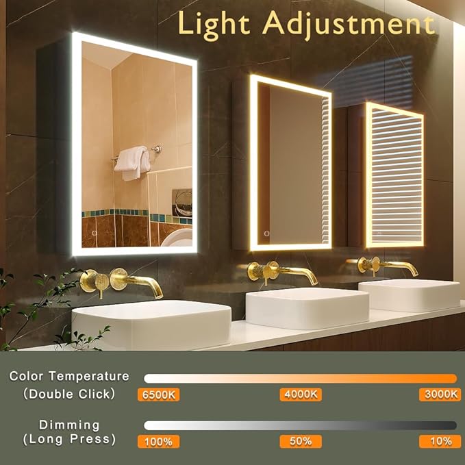 KWW LED Lighted Bathroom Medicine Cabinet with Sockets & USBs, Dimmable, 3 Color Light Makeup Mirror, Easy to Install, Wall Mounted Cabinet (Left hinge-20 * 28)