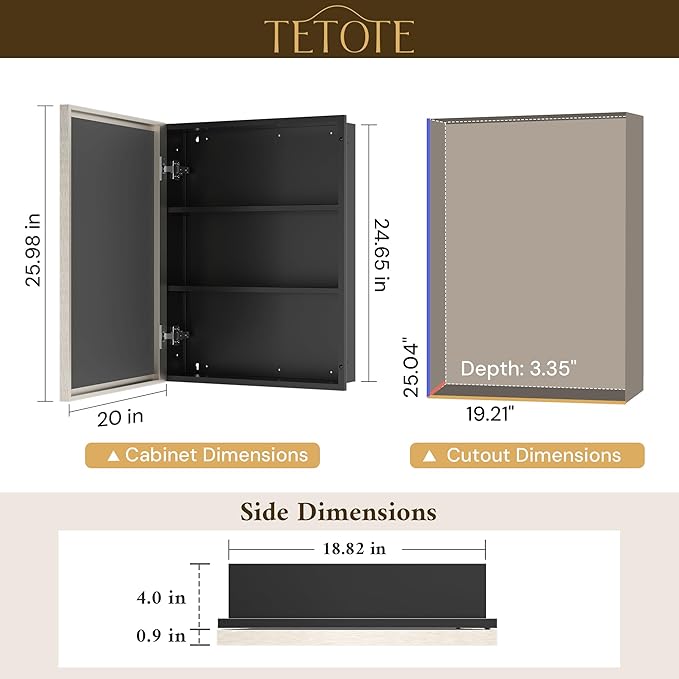 TETOTE 20" x 26" Recessed Medicine Cabinet Mirror for Bathroom Brushed Nickel Medicine Cabinets with Stepless Adjustable Shelves, Aluminum Beveled Frame, Fully Assembled