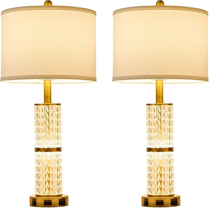 SAIWEYA Crystal Table Lamps Modern 3-Way Dimmable Bedside Lamp with 2 USB Ports & AC Outlets for Living Room Bedroom Nightstand Lamp Night Light