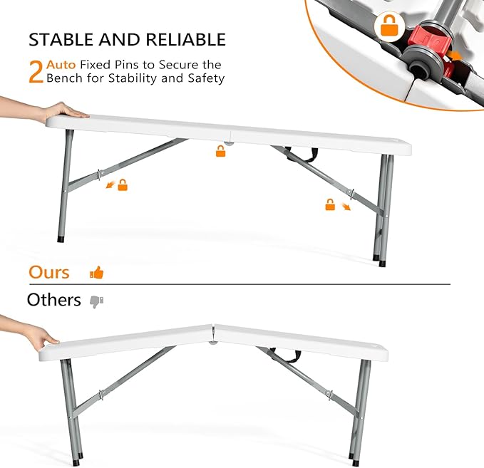 VINGLI 4 feet Plastic Folding Bench,Portable in/Outdoor Picnic Party Camping Dining Seat, Garden Soccer Multipurpose Entertaining Activities, Smooth HDPE Tabletop (1, White, 4ft)
