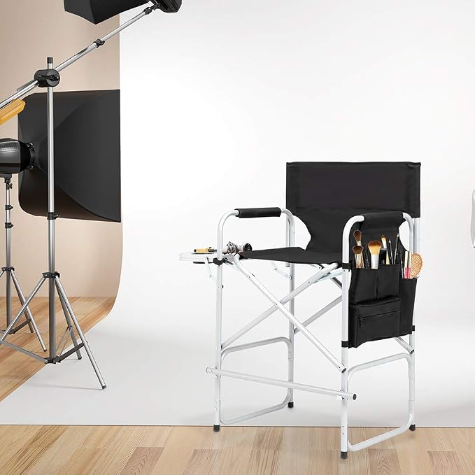 Tall Directors Chair Foldable, Portable Makeup Artist Chair Heavy Duty with Side Table Storage Bag Footrest, Folding Chair for Camping and Golf Course, Supports 400lbs