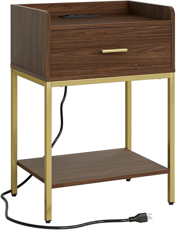 Masupu Nightstand with Charging Station, 3-Tier Modern Bedside Night Stand with Storage Drawer and Shelf, Small End Side Table for Bedroom, Living Room, Walnut