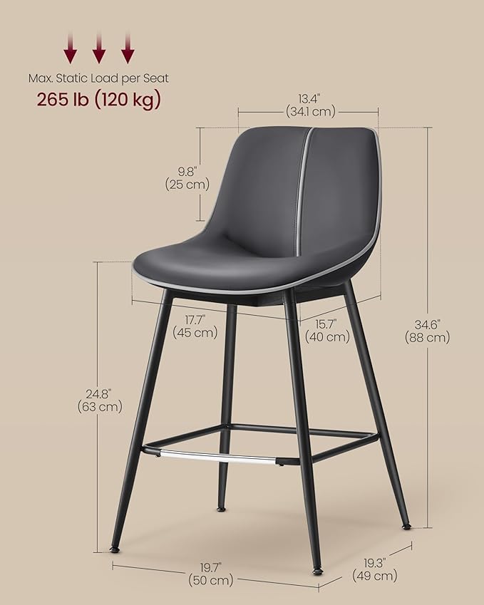 VASAGLE Bar Stools Set of 4, Counter Height Bar Stools with Back, Ergonomic Backrest, Synthetic Leather, Metal Legs, 24.8-Inch Tall Barstools for Kitchen Island Home Bar, Easy Assembly, Ink Black