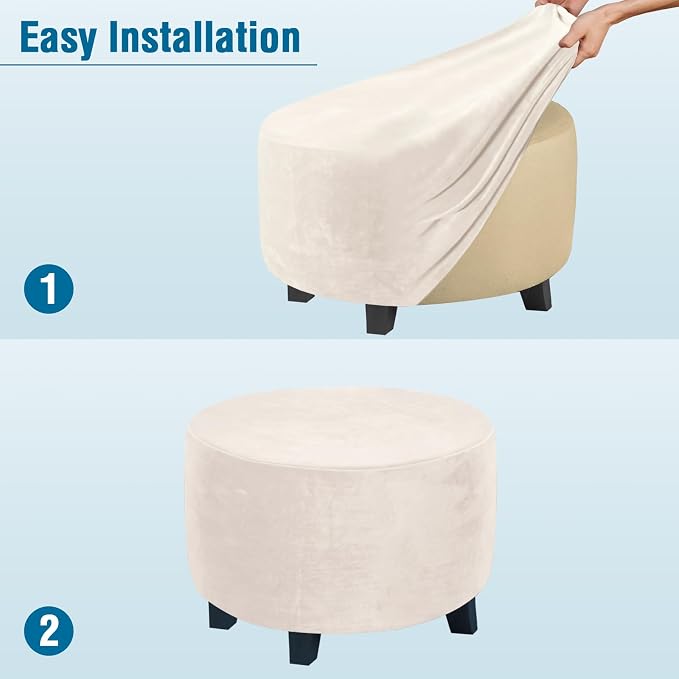 H.VERSAILTEX Ottoman Covers - Round Ottoman Slipcover, Footstool Protector, Storage Stool Covers - Stretch with Elastic Bottom, Real Velvet Plush Fabric (X-Large, Ivory)