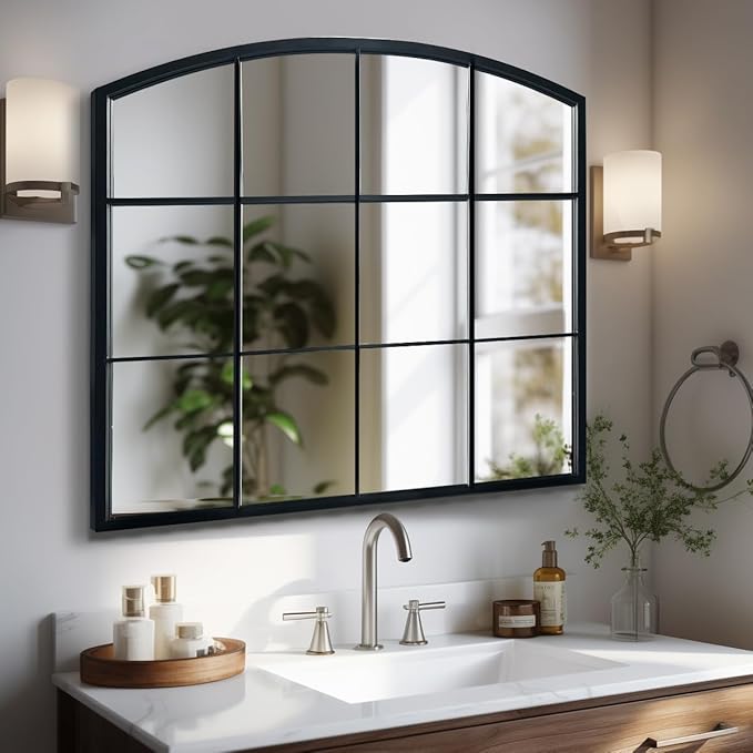 WAMIRRO Window Pane Black Mirror,Farmhouse Arched Wall Mirror,Mantel Mirror for Fireplace/Entryway/Hallway/Living Room,36"X 36"