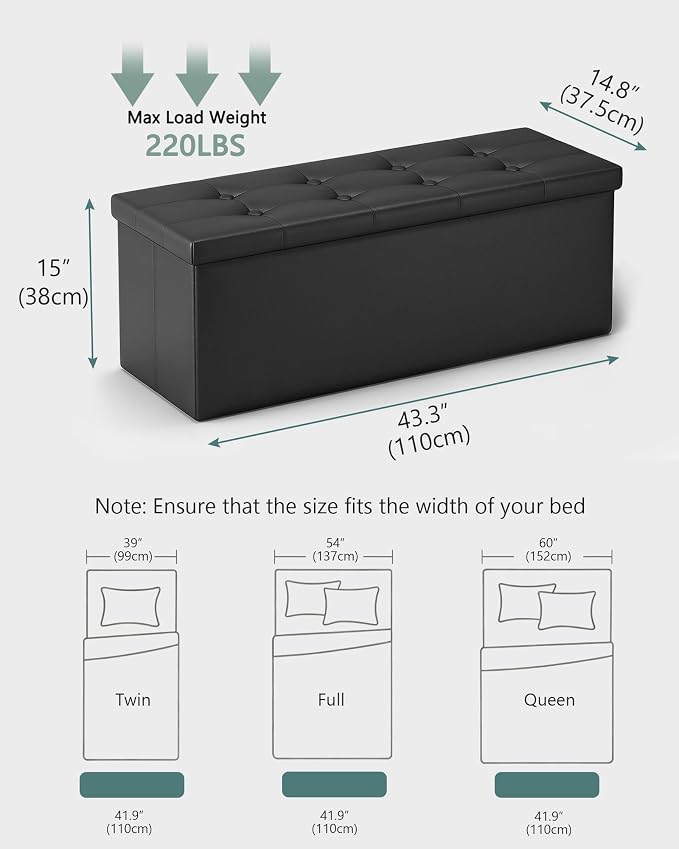 LITZFUR 43 Inches Folding Storage Ottoman Bench, PU Leather Storage Chest, Footrest Padded Seat for Bedroom and Hallway, Holds up to 660 lbs, Black
