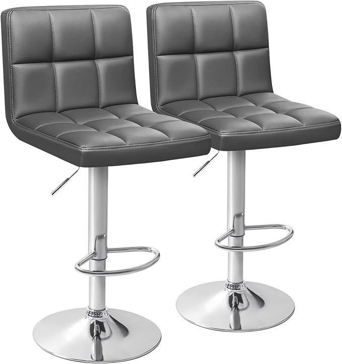 Homall Bar Stools Modern PU Leather Adjustable Swivel Barstools, Armless Hydraulic Kitchen Counter Bar Stool Extra Height Square Island Barstool with Back Set of 2 (Leather, Deep Gray)