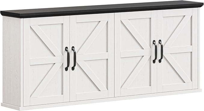 Halitaa 47" Laundry Room Cabinets and Storage with 4 Doors and Utility Adjustable Shelf, Large Wall Mounted Storage Cabinet, Upper Kitchen Cabinet for Laundry, Bathroom, and Kitchen, White and Black