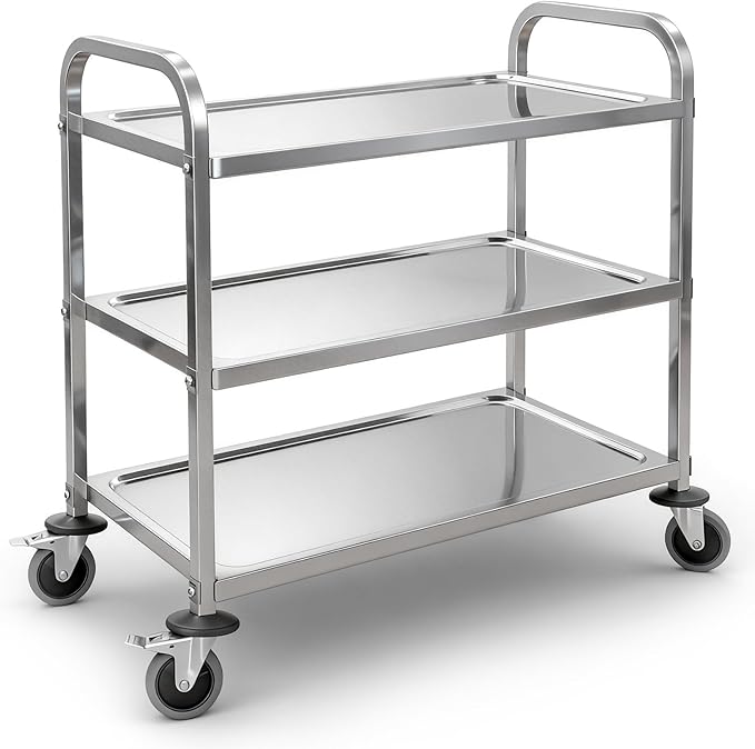 3-Tier Stainless Steel Utility Cart, 37.4"×19.69"×37.4", Rolling Kitchen Serving Trolley, Catering Storage Cart with 2 Lockable Wheels for Hotel, Restaurant, Home Use(Large)