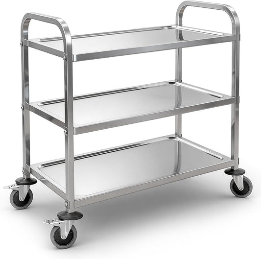 3-Tier Stainless Steel Utility Cart, 33.5"×17.7"×35.4", Rolling Kitchen Serving Trolley, Catering Storage Cart with 2 Lockable Wheels for Hotel, Restaurant, Home Use(Medium)