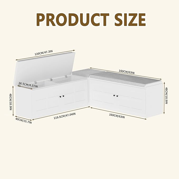 L-Shape Storage Bench with Cushion, Backless Corner Dining Nook Bench with Hidden Storage for Kitchen, Entryway, Cloakroom