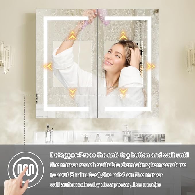 36×32inch Medicine Cabinet with Light,3 Colors&Dimmer,Defogger,USB Shaver Socket,Internal Lighting,Recess Mount&Surface Mount