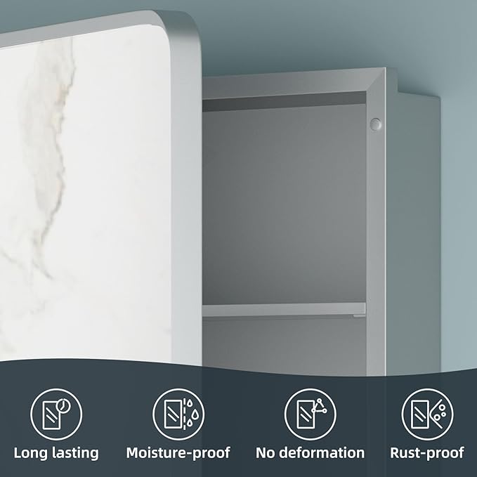 Medicine Cabinet 20 x 28 Inch, Silver Bathroom Medicine Cabinet with Mirror,Metal Beveled Mirror, Adjustable Shelves, Recessed or Wall Mount, Sturdy & Solid, Bathroom Mirror with Storage