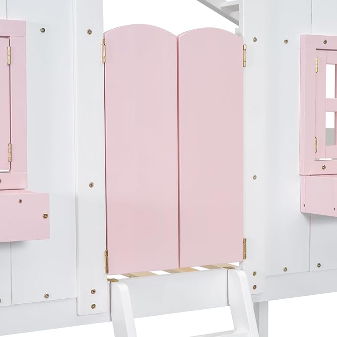 Twin Over Twin Floor House Bunk Bed with Roof and Window, Storage Box, Low Loft Bunker Bed for Small Space, No Box Spring Needed for Kids Girls Boys, Pink/White