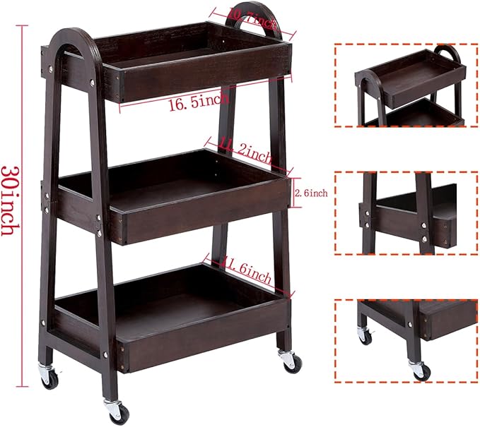 3-Tier Wooden Rolling Cart- Wooden Utility Cart wit Wheels- Utility Rolling Cart-Storage Trolley Organizer- Rolling Kitchen Cart Serving Cart for Office,Kitchen, Kids' Room (Walnut Color)