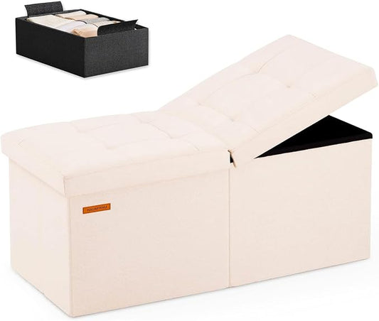 HAUSFRAU 31.5 Inches Ottoman with Storage, Folding Ottoman Small Foot Rest Stool Bedroom Bench with Flipping Lid, Linen Beige
