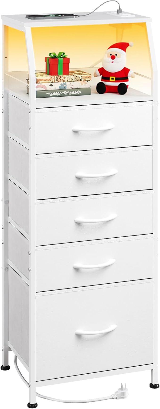 WLIVE LED Nightstand with Charging Station, White Dresser with 5 Fabric Drawers for Bedroom, Tall Night Stand with Open Shelves, Bed Side Tables Living Room