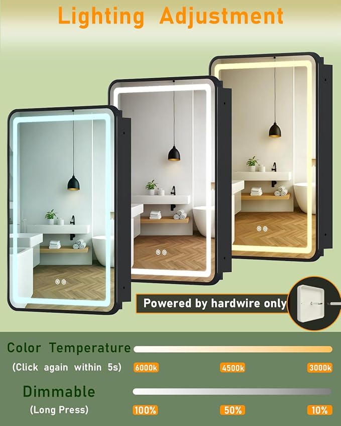 16x24 Inch LED Medicine Cabinet Mirror, Bathroom Mirror with Lights and Storage Wall Mounted & Recessed with Anti-Fog, Dimmable 3 Color Light with Memory, 2 Shelves & 1 Organizer Box, Left Hinge