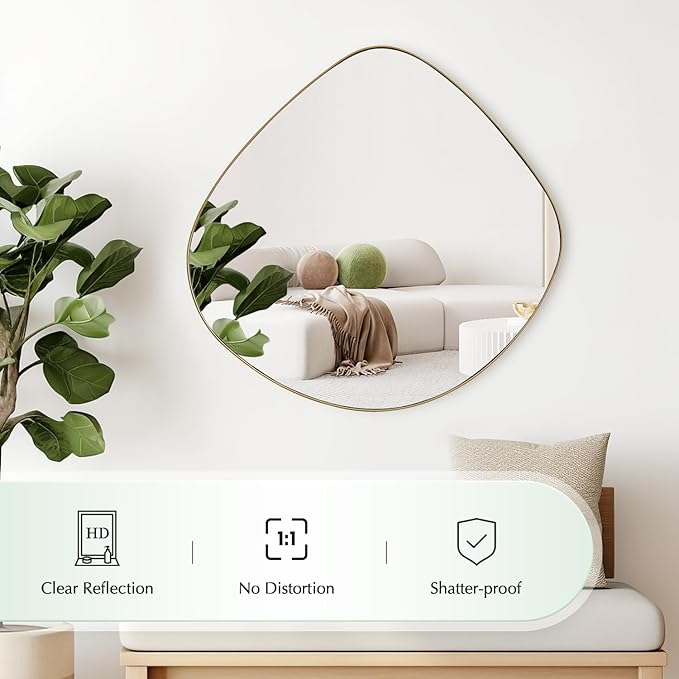 Asymmetrical Wall Mirror Matel Brass Framed Wall Mirror for Living Room Bedroom Bathroom Entryway Wall Decor 32.0" L x 31.5" W ELE-002G