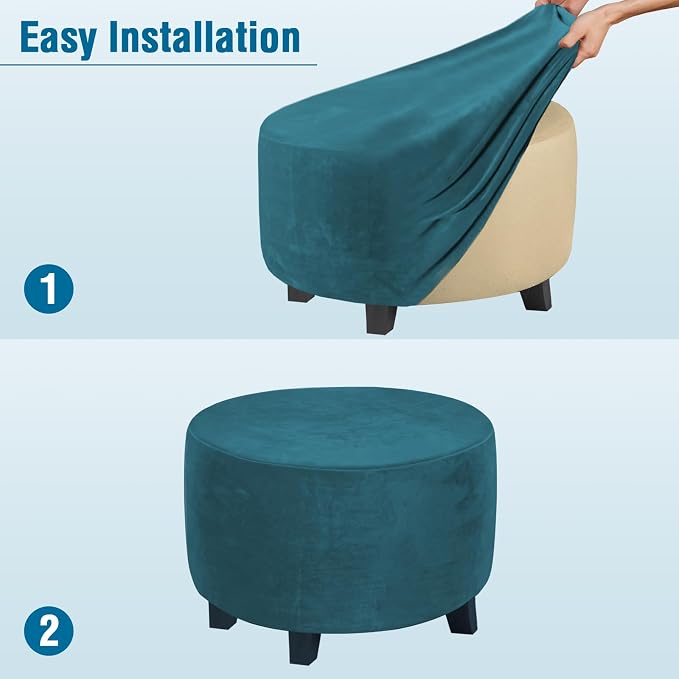 H.VERSAILTEX Round Ottoman Slipcover Ottoman Covers Slipcover Footstool Protector Covers Storage Stool Ottoman Covers Stretch with Elastic Bottom, Feature Real Velvet Plush Fabric (X-Large, Deep Teal)