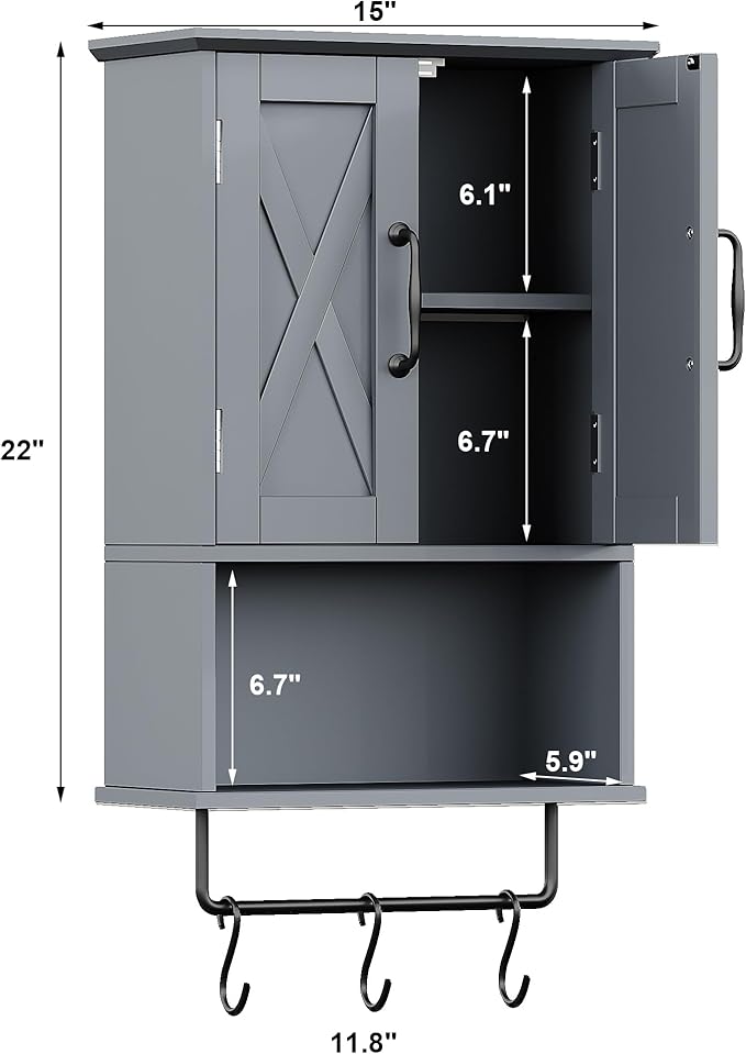 ChooChoo Farmhouse Medicine Cabinet, Bathroom Wall Cabinet with Adjustable Shelf, Towel Bar, 3 Hooks, Over The Toilet Storage Cabinet for Bathroom, Kitchen, Grey