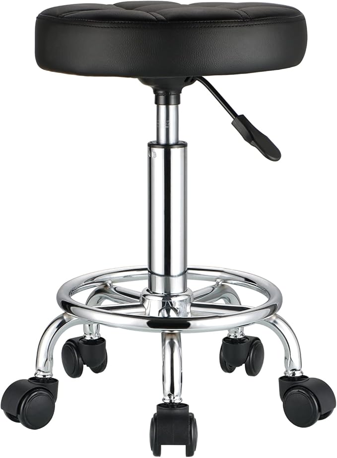 HMTOT Round Rolling Stools PU Leather Seat Height Adjustable Swivel Stool with Wheels Black