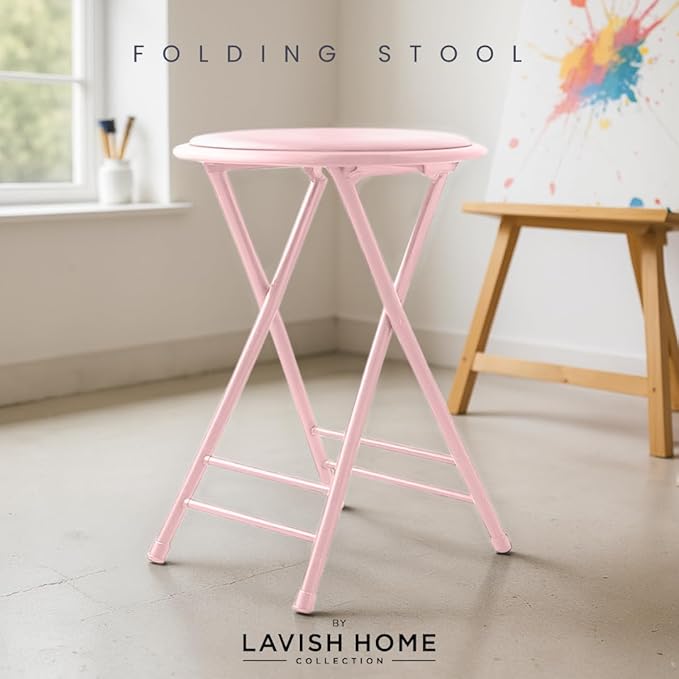 Lavish Home Folding Stool - Backless 24-Inch Stool with 225lb Capacity for Kitchen or Rec Room - Portable Indoor Counter Bar Stools (Pink)