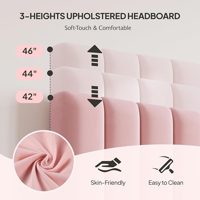 Welzona Full Size Upholstered Bed Frame with 4 Storage Drawers, Velvet Upholstered Metal Platform Bed with Vertical Tufted Headboard, 3-Level Height, Metal Slat Support, Noise-Free Easy Assembly, Pink