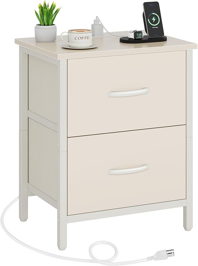 Vagusicc Nightstand with Charging Station, Bedside Table with USB Ports and Outlet, End Table Side Table with 2 Fabric Drawers for Bedroom, Living Room, Beige