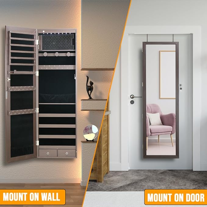 8 LED Lights Jewelry Armoire with Mirror - 47.3' H Cabinet Door Hanging/Wall Mounted Mirror With Storage And 2 Drawers - Brown