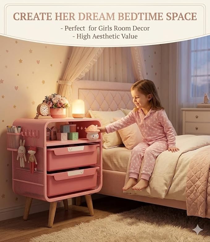 SYKIARIOL Pink Nightstand, Cute End Table with Storage Drawer, Kids Nightstand for Bedroom Furniture, Bedside Table Small Desk Coffee Table for Living Room, Dorm, Office