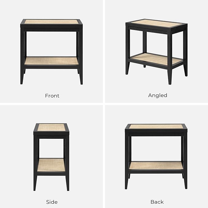 SICOTAS Rattan Nightstands Set of 2 - Boho Shelf Bedside Tables Narrow End Table Living Room Set of 2 Side Table with Storage Shelves for Small Space - Black Oak