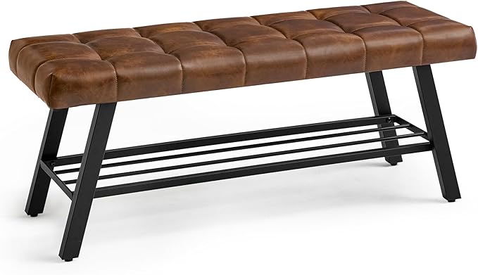 LUE BONA 45" Entryway Bench with Shoe Storage, End of Bed Bench with Tufted Faux Leather Seat, Bedroom Bench with Metal Frame, 330 LBS Capacity for Entryway, Living Room, Hallway, Brown