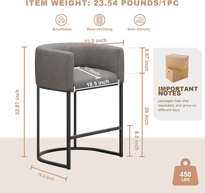 26" H Counter Height Bar Stools Set of 4, Modern Barrel Counter Stools with Backrest and Arms, Linen Fabric Upholstered Accent Barstools for Kitchen Island,Support 450 LBS (Gray)