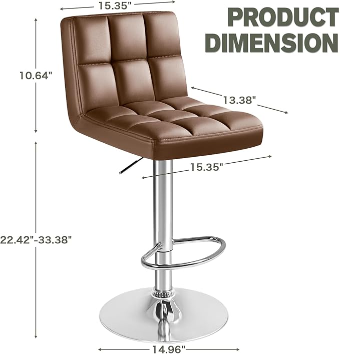 Furmax Bar Stools Modern Pu Leather Swivel Adjustable Hydraulic Bar Stool Square Counter Height Stool Set of 2 (Brown)
