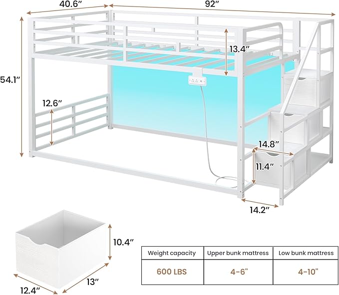 ADORNEVE Low Bunk Bed Twin Over Twin with Stairs, Storage Drawers & Shelves, RGB LED Lights Metal Floor Bunk with Power Outlet, Full-Length Guardrail & Metal Slats, for Small Space, Kids, White