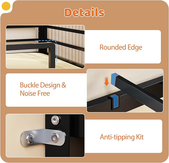 JOYMOR Low Loft Bed Twin Size with 3 Storage Drawers, 2 Tier Storage Shelves, 2 Tier Bookcase and LED Lights, Metal Kids Loft Bed with Safety Guardrail, Spave Saving Design (Black)