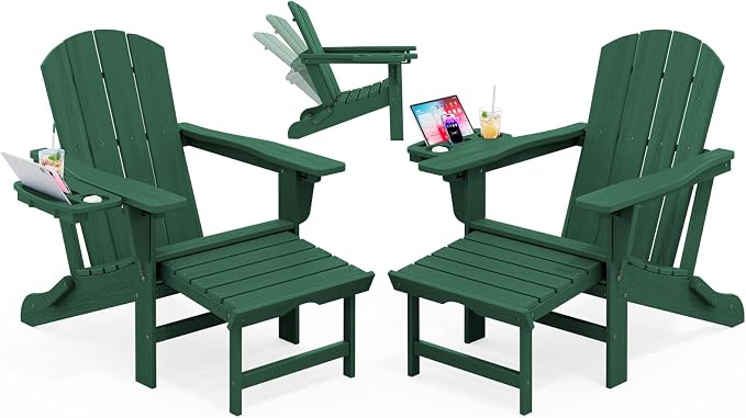 KINGYES Adjustable Folding Adirondack Chair with Footrest & 4-in-1 Multi-Functional Armrest Organizer Set of 2, HDPE Foldable Recliner Adirondack Chair with Pull-Out Ottoman, Green