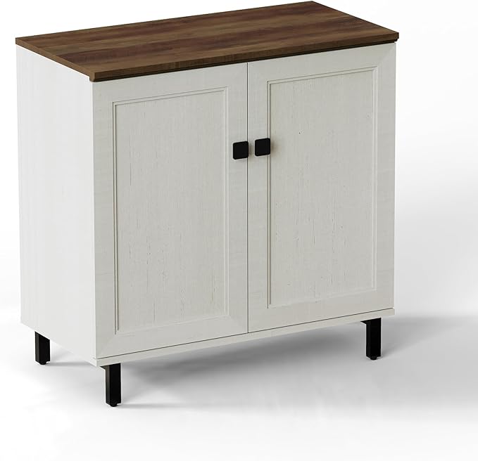 FENSULN Buffet Sideboard Cabinet Farmhouse Modern 2 in 1 Storage Cabinet with Adjustable Shelves for Kitchen, Coffee Bar, Living Room, White